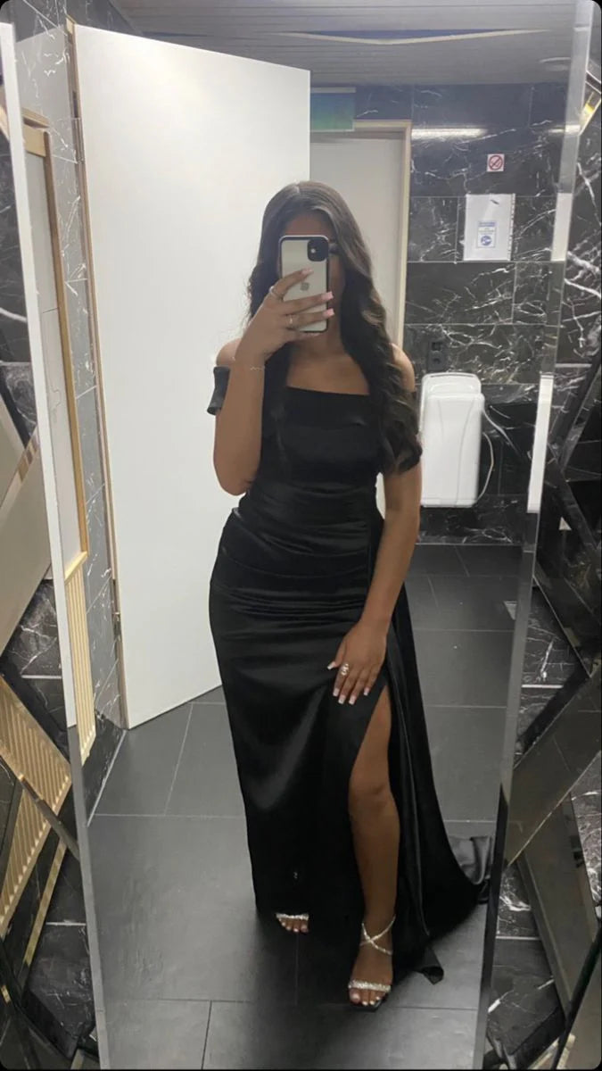 Simple A-Line Long Prom Dresses with Slits Off-shoulder Black Evening Dresses ,Satin Black Birthday Dresses ED05334