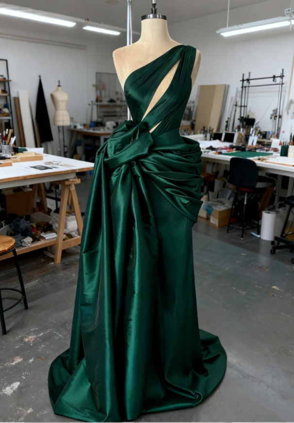 Elegant Sheath Long Prom Dresses One-shoulder Satin Dark Green Evening Dresses Sleeveless Formal Dresses ED05341