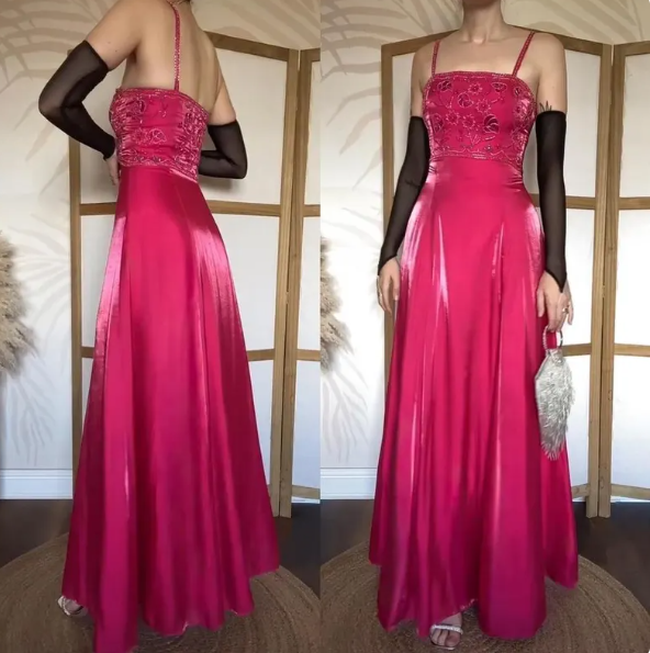Fairy Sheath Long Prom Dresses Spaghetti Straps Satin Beaded Hot Pink Evening Dresses Sleeveless Y2k Formal Dresses ED05342