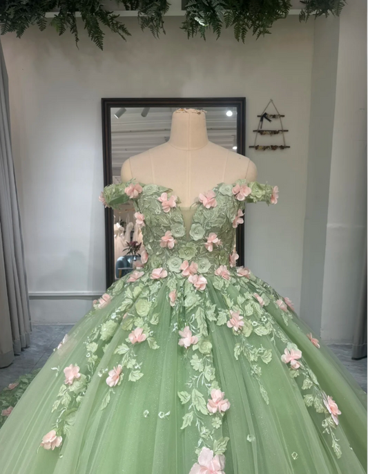 Fairy Off-shoulder Ball Gown Long Prom Dress Tulle Appliques Green Quinceanera Dresses Sweet 16 Dress ED05345