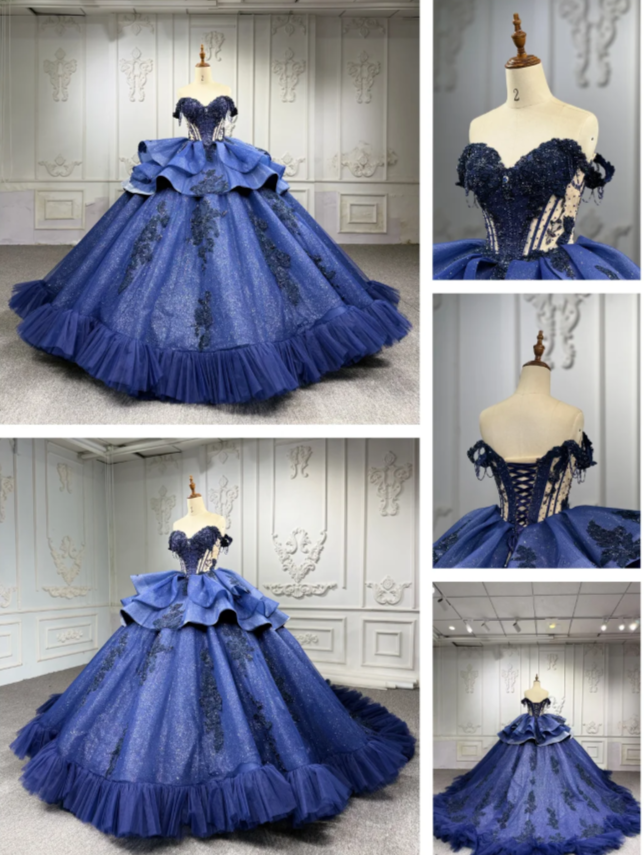 Fairy Off-shoulder Ball Gown Long Prom Dress Tulle Appliques Blue Quinceanera Dresses Sweet 16 Dress ED05347