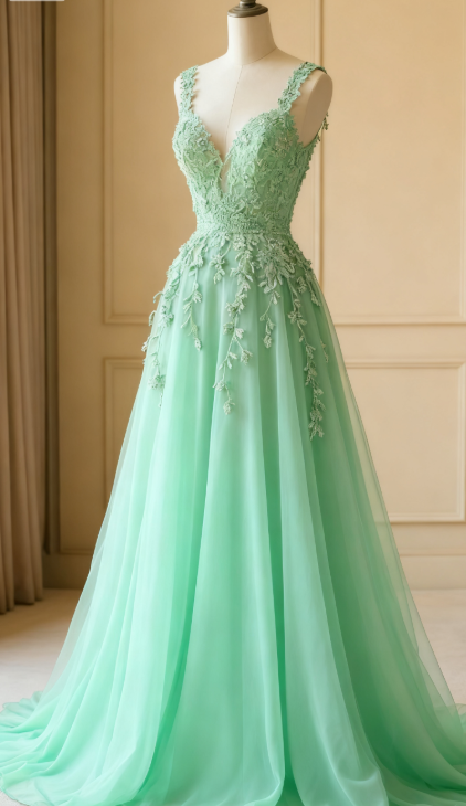 Gorgeous Straps A-Line Long Prom Dresses Tulle Green Birthday Dresses ED05353