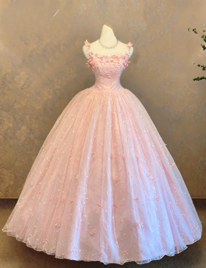 Cute Ball Gown Spaghetti Straps Long Prom Dresses Tulle Flowers Pink Sweet 16 Dresses, Sleeveless Pink Birthday Dresses ED05359