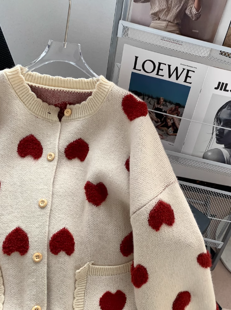 Cute Heart Jacquard Women's Knitted Long Sleeve Cardigan ED0536