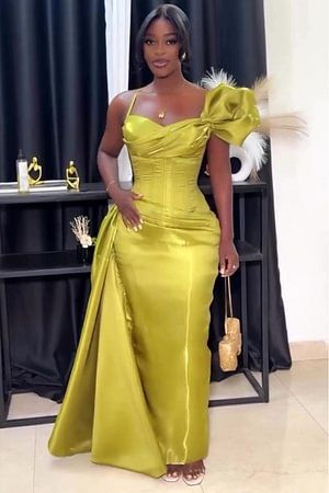 Sexy Spaghetti Straps Sheath Long Prom Dresses Satin Yellow Formal Dresses ED05379