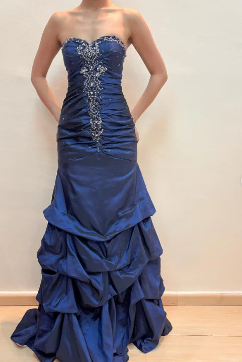 Vintage A-Line Long Prom Dresses Sweetheart Blue Formal Dresses Satin Beaded Birthday Dresses ED05386