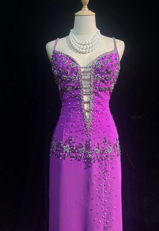 Gorgeous Sheath Long Prom Dress Spaghetti Straps Purple Birthday Dress, Beaded Chiffon Sweet 16 Dress ED05388