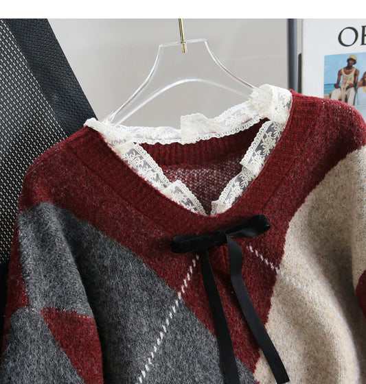 Retro-Langarmpullover mit kontrastierender Spitzen-Patchwork-Optik ED0538