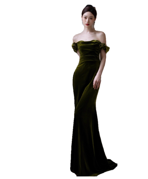 Elegant Sheath Prom Dress Off-shoulder Velvet Formal Dresses Green Long Evening Dresses ED05395