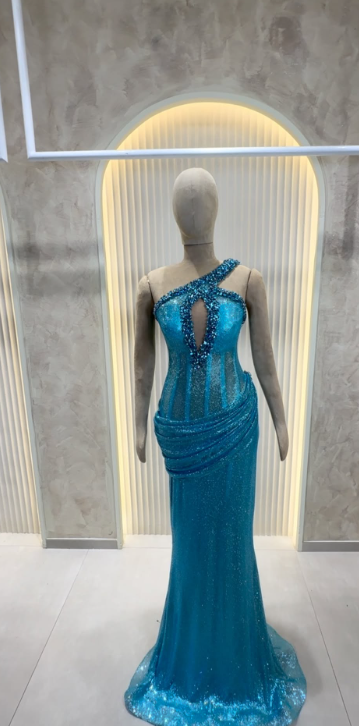 Chic Sheath Long Prom Dress One-shoulder Tulle Formal Dresses Blue Evening Dresses ED05399