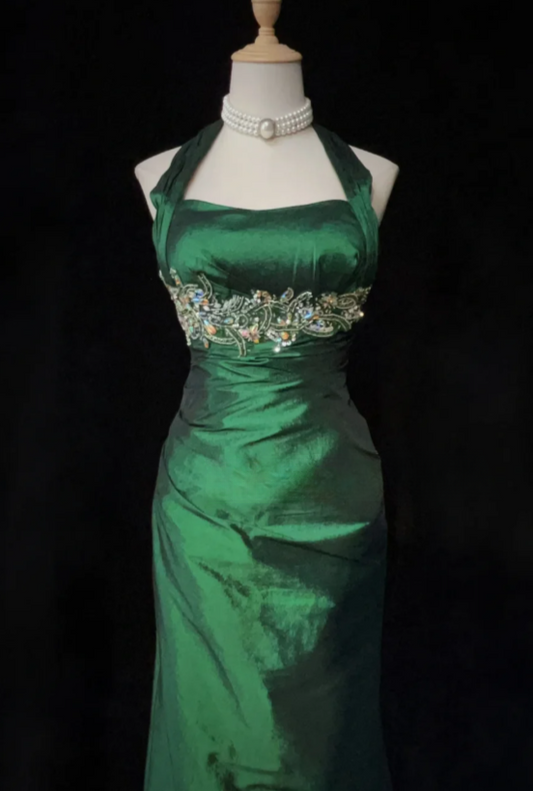 Gorgeous Sheath Green Long Prom Dress, Strapless Beaded Satin Evening Gown, Sleeveless Green Birthday Dresses ED05403