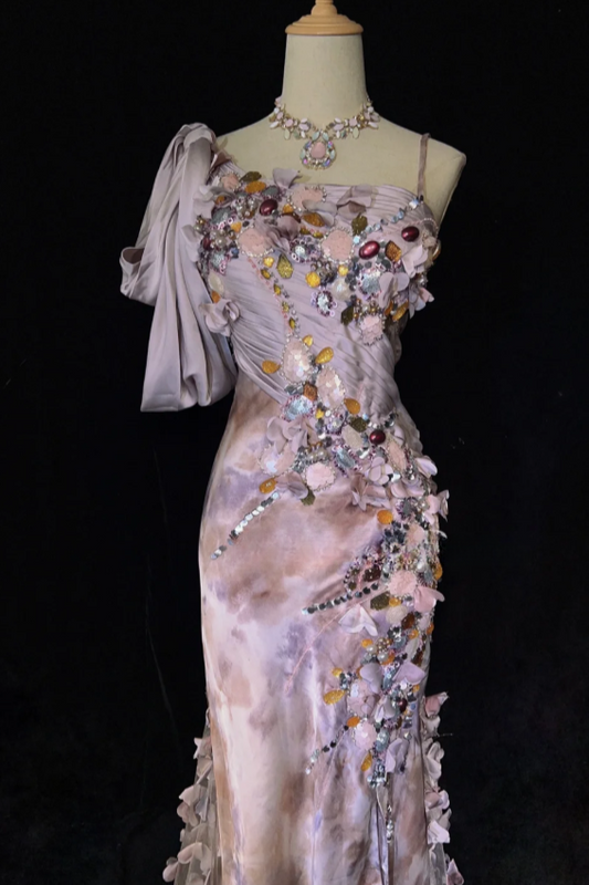 Elegant Sheath Pink Long Prom Dress, Straps Satin Appliques Formal Dresses Pink Evening Dresses ED05407