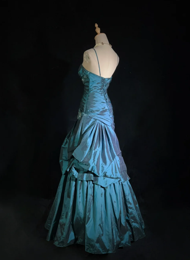 Fairy A-Line Teal Long Prom Dress, Spaghetti Straps Satin Beaded Formal Dresses Teal Evening Dresses ED05408