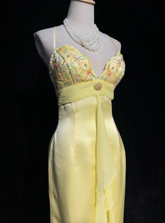Fairy Sheath Yellow Long Prom Dress, Spaghetti Straps Satin Beaded Birtdhay Dresses Yellow Evening Dresses ED05409