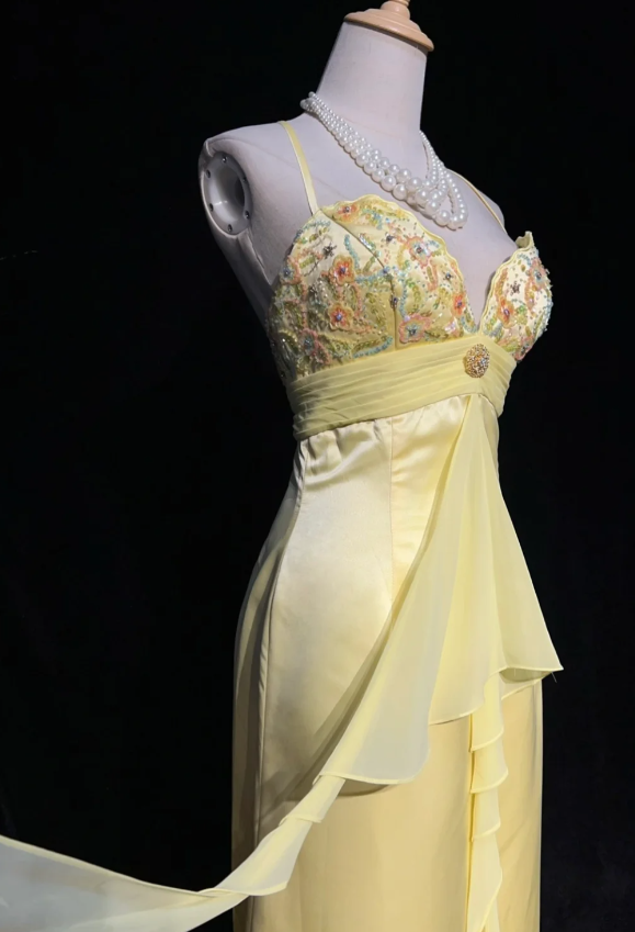 Fairy Sheath Yellow Long Prom Dress, Spaghetti Straps Satin Beaded Birtdhay Dresses Yellow Evening Dresses ED05409