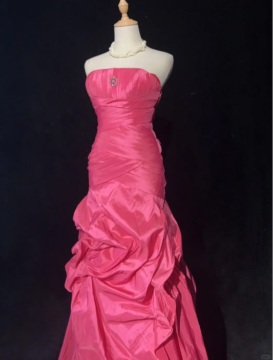 Fairy Hot Pink Long Birthday Dresses Sheath Prom Dress, Strapless Satin Sleeveless Evening Dresses ED05411