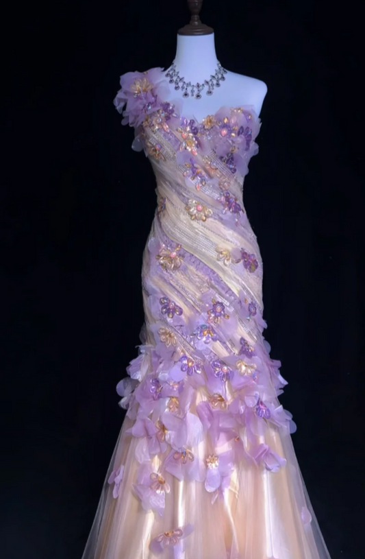 Fairy Applique Long Birthday Dresses Sheath Prom Dress, One Shoulder Tulle Sleeveless Evening Dresses ED05412