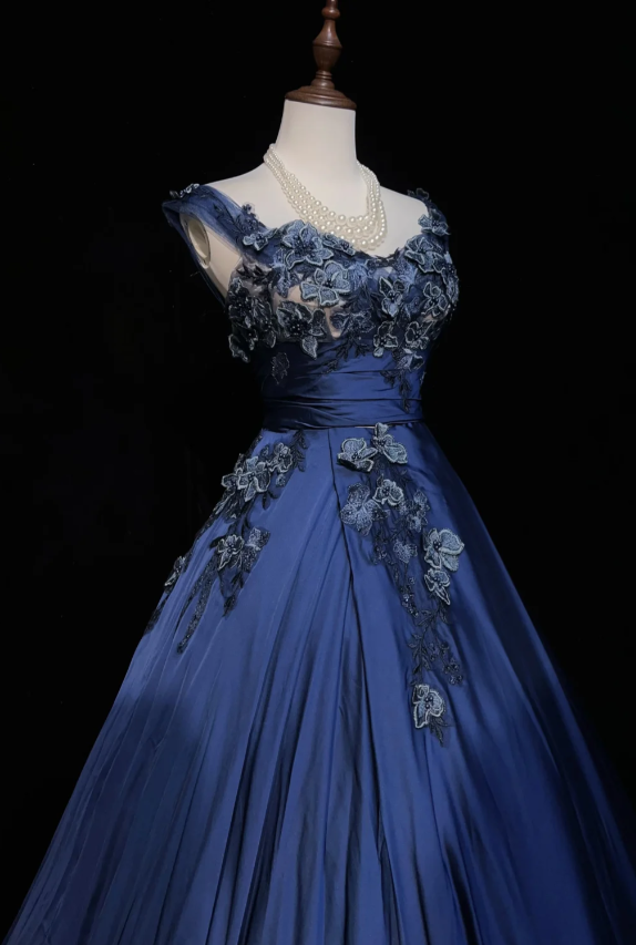 Fairy Blue Long Birthday Dresses A-Line Prom Dress, Straps Satin Sleeveless Evening Dresses ED05413