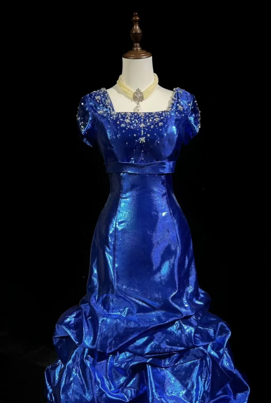 Fairy Blue Long Birthday Dresses Sheath Prom Dress, Square Neck Satin Sleeves Evening Dresses ED05414