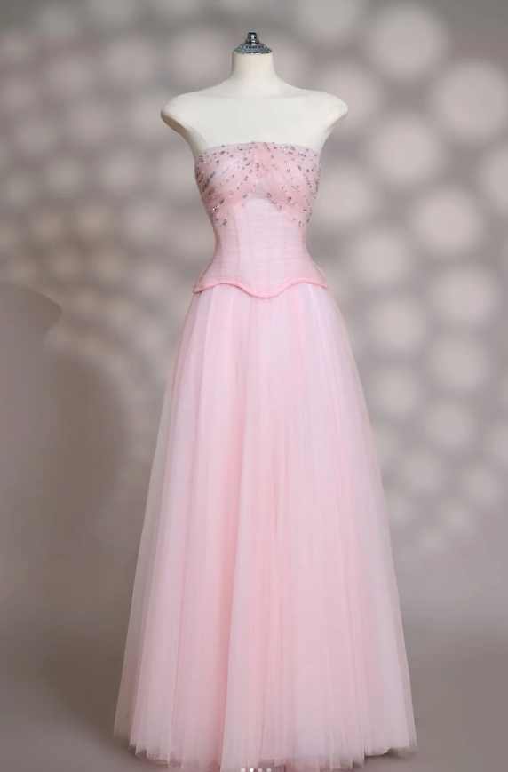 Fairy Pink Long Birthday Dresses A-Line Prom Dress, Strapless Tulle Sleeves Evening Dresses ED05416