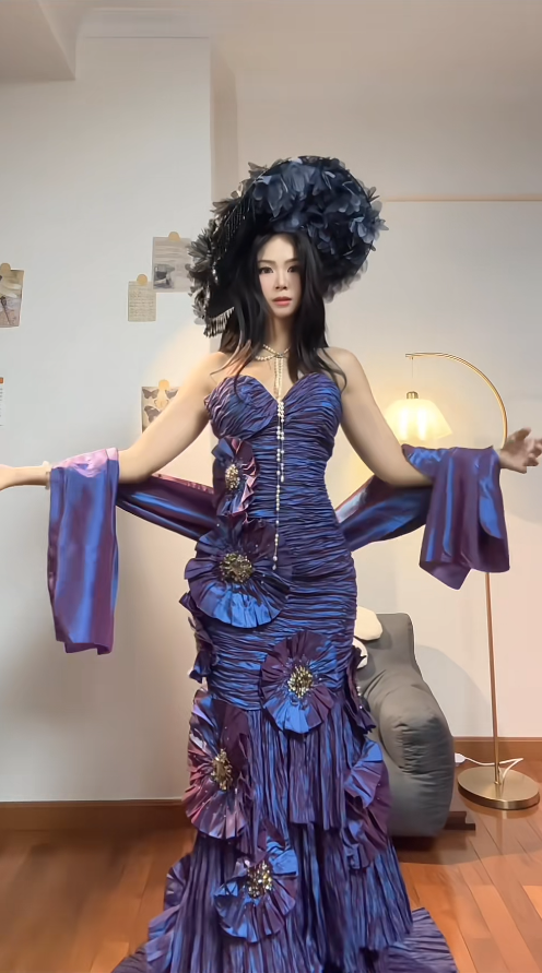 Fairy Purple Sheath Long Prom Dresses Strapless Evening Dresses Sleeveless Purple Formal Dresses ED05419