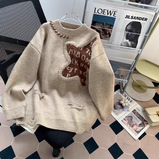 Oversize retro long sleeve round neck pullover sweater ED0541