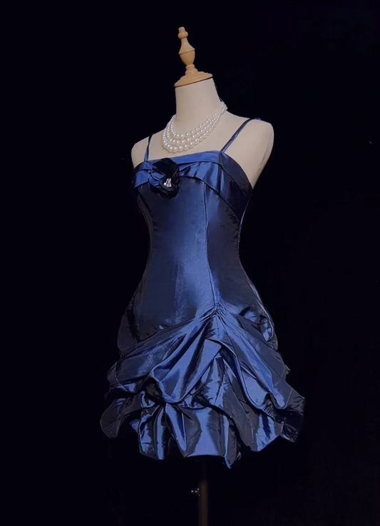 Cute A-Line Blue Evening Dresses Spaghetti Straps Satin Short Prom Dresses Sleeveless Blue Party Dresses ED05426