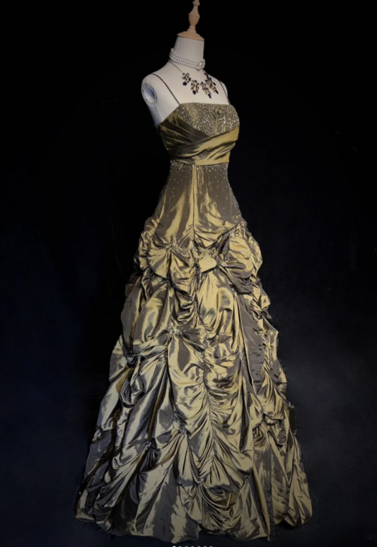 Fairy A-Line Green Birthday Dresses Spaghetti Straps Satin Long Prom Dresses Sleeveless Green Quinceanera Dresses ED05427