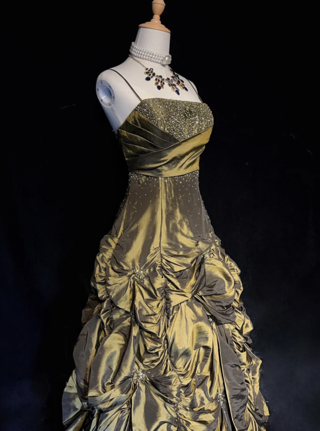 Fairy A-Line Green Birthday Dresses Spaghetti Straps Satin Long Prom Dresses Sleeveless Green Quinceanera Dresses ED05427