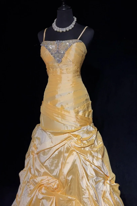 Fairy A-Line Yellow Birthday Dresses Spaghetti Straps Satin Long Prom Dresses Sleeveless Yellow Quinceanera Dresses ED05428