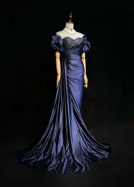 Elegant Sheath Navy Blue Long Prom Dresses Off-shoulder Satin Birthday Dresses Sleeveless Navy Blue Formal Dresses ED05429