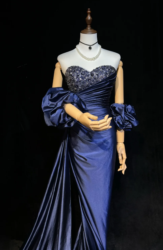 Elegant Sheath Navy Blue Long Prom Dresses Off-shoulder Satin Birthday Dresses Sleeveless Navy Blue Formal Dresses ED05429