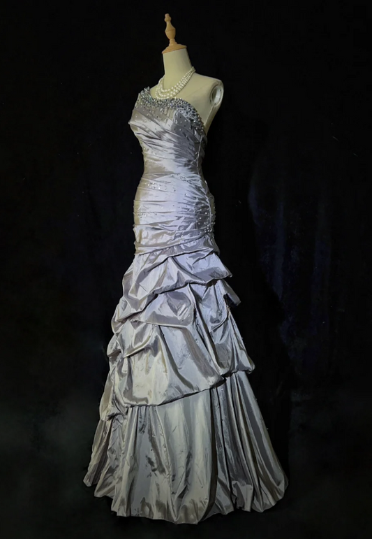 Gorgeous Sheath Gray Long Prom Dresses One-shoulder Satin Evening Dresses Sleeveless Gray Party Dresses ED05439