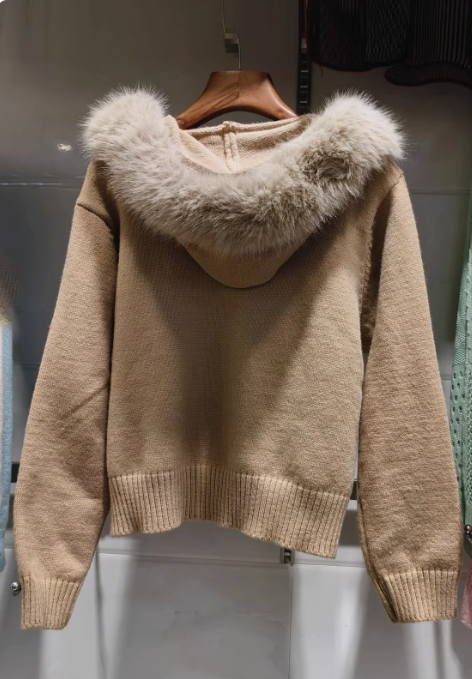 2025 New Style Fashion Hooded Fur Collar Zipper Loose Sweater ED0544