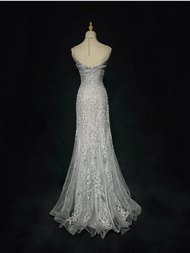 Glam Mermaid Gray Long Prom Dresses Spaghetti Straps Tulle Applique Evening Dresses Sleeveless Gray Formal Dresses ED05441