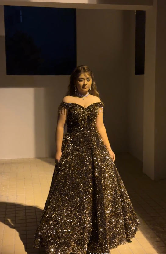 Glam A-Line Black Long Prom Dresses Off-shoulder Velvet Sequins Evening Dresses Sleeveless Black Formal Dresses ED05443