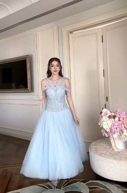 Fairy A-Line Blue Long Prom Dresses Off-shoulder Tulle Evening Dresses Sleeveless Blue Birthday Dresses ED05445