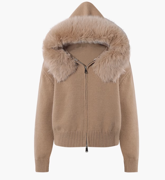 2025 New Style Fashion Hooded Fur Collar Zipper Loose Sweater ED0544
