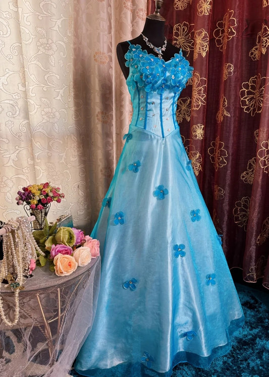 Chic A-Line Long Prom Dresses V-Neck Tulle Blue Birthday Dresses Appliques Sleeveless Evening Dresses ED05456