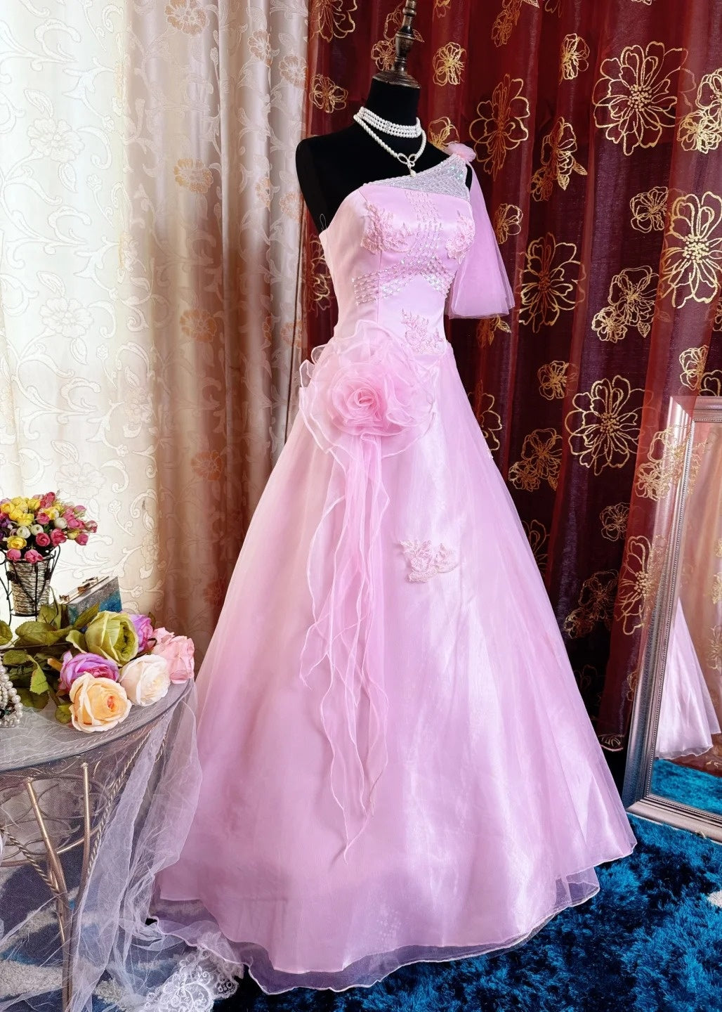 Chic A-Line Long Prom Dresses One-shoulder Tulle Pink Birthday Dresses Appliques Sleeveless Evening Dresses ED05458