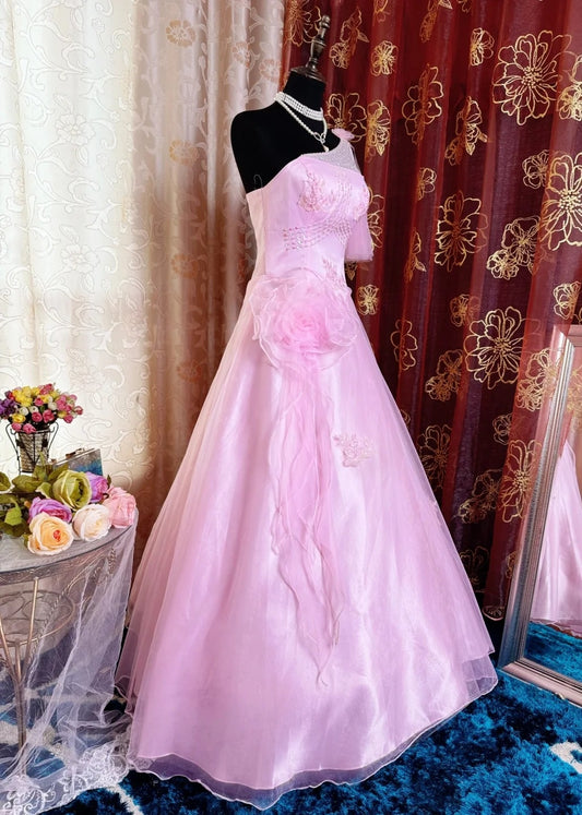 Chic A-Line Long Prom Dresses One-shoulder Tulle Pink Birthday Dresses Appliques Sleeveless Evening Dresses ED05458