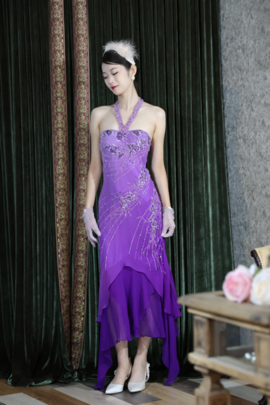 Vintage Sheath Halter Purple Long Prom Dresses Chiffon Sleeveless Purple Birthday Dresses Beaded Evening Dresses ED05459