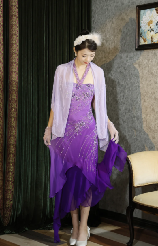 Vintage Sheath Halter Purple Long Prom Dresses Chiffon Sleeveless Purple Birthday Dresses Beaded Evening Dresses ED05459