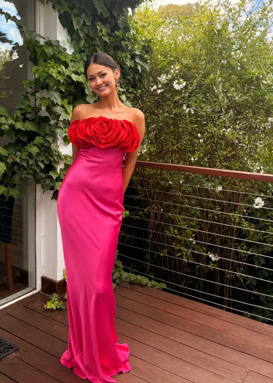 Chic Sheath Hot Pink Long Prom Dresses Tulle Off-shoulder Birthday Dresses Satin Sleeveless Evening Dresses ED05460