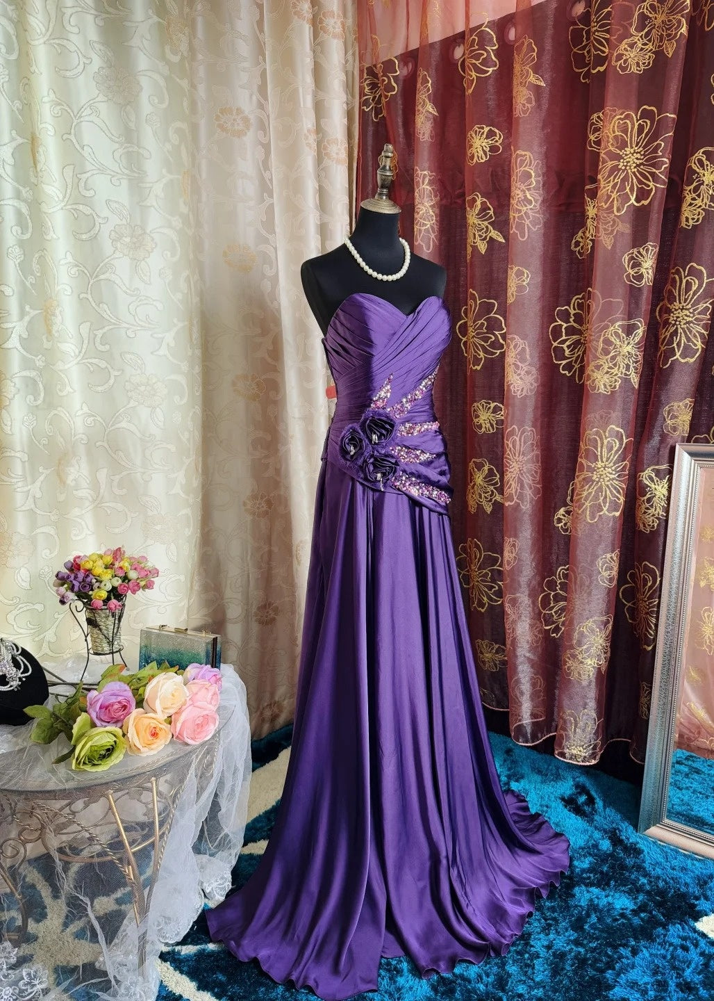 Vintage Sheath Purple Long Prom Dresses Sweetheart Purple Birthday Dresses Satin Sleeveless Evening Dresses ED05462