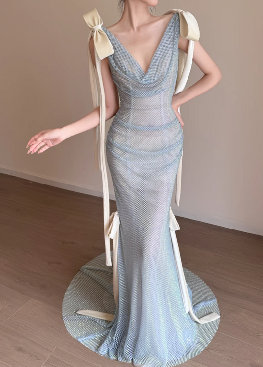 Elegant Mermaid Blue Long Prom Dresses V-neck Blue Birthday Dresses Tulle Sleeveless Evening Dresses ED05463