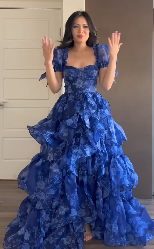 Elegant A-Line Blue Long Prom Dresses Square Neck Blue Formal Dresses Tiered Tulle Evening Dresses ED05464