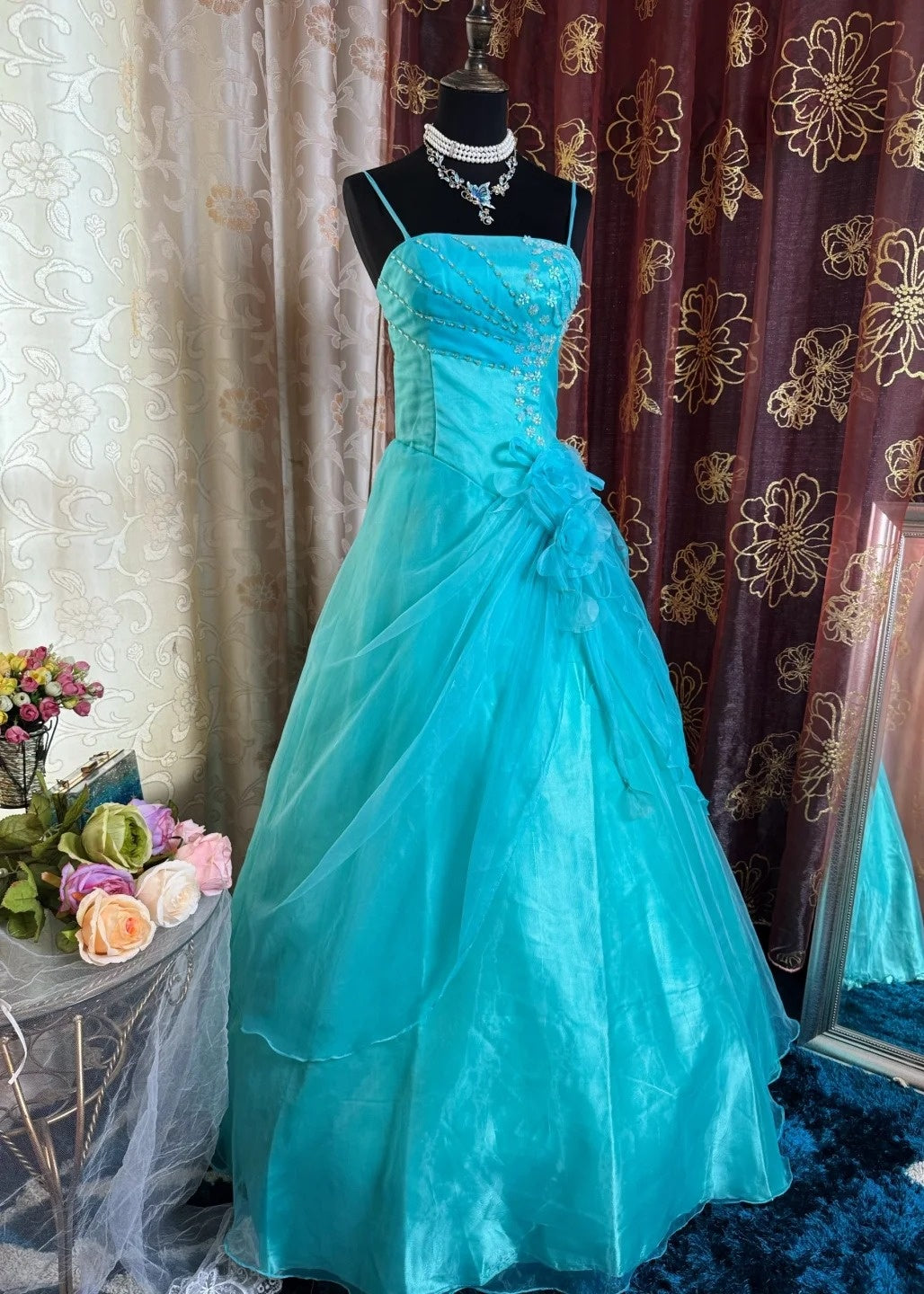Elegant A-Line Blue Long Prom Dresses Spaghetti Straps Blue Formal Dresses Tulle Sleeveless Evening Dresses ED05468