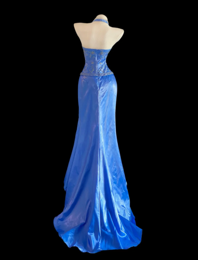 Glam Mermaid Blue Long Prom Dresses Halter Blue Formal Dresses Beaded Satin Sleeveless Evening Dresses ED05471