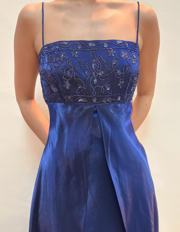 Glam Sheath Navy Blue Long Prom Dresses Spaghetti Straps Navy Blue Formal Dresses Beaded Satin Sleeveless Evening Dresses ED05473